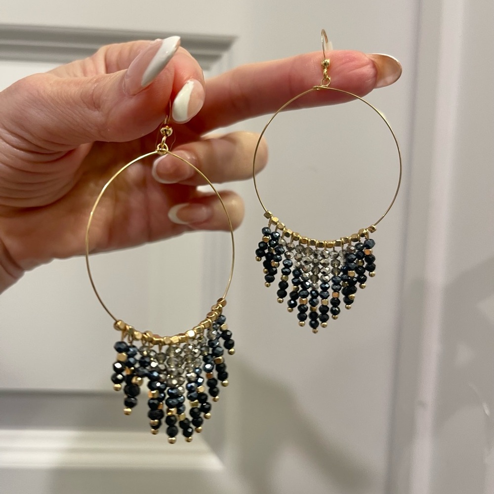 Women’s Large Gold & Black Tone Chandelier Beaded Hoop Boho Dangle Earrings